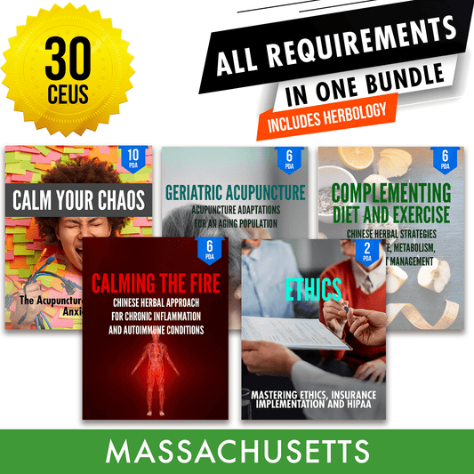 Massachusetts Bundle 3: *NEW FOR 2026 TO 2028* Full Recertification With Herbology - All Required Acupuncture Continuing Education Credits in One Package, 30 PDA/CEU Hours ACEU Masters continuing education florida california nccaom australia uk canada