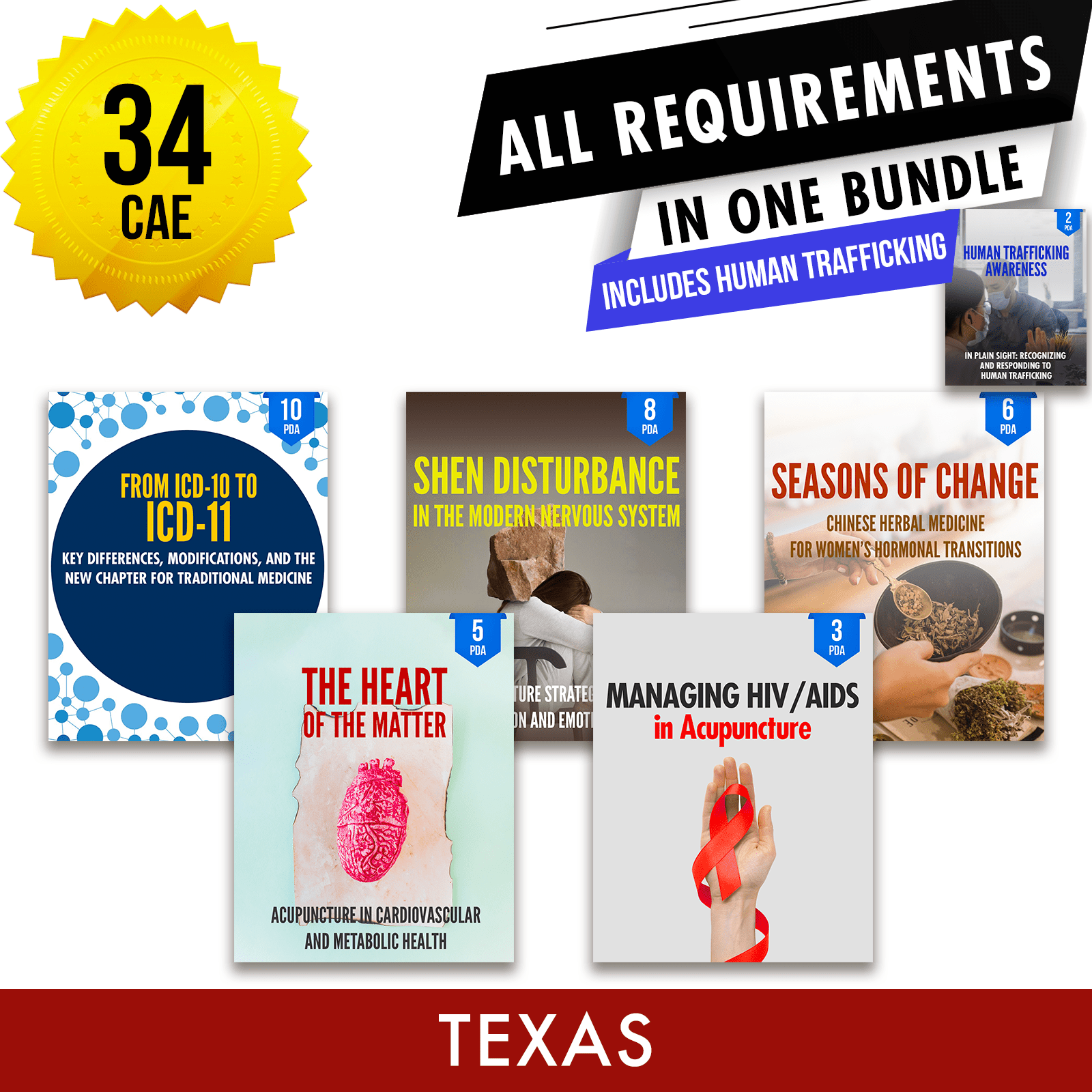 Texas Bundle 3: *NEW FOR 2026* Full Recertification - All Required Acupuncture Continuing Education Credits in One Package, 34 CAE ACEU Masters continuing education florida california nccaom australia uk canada