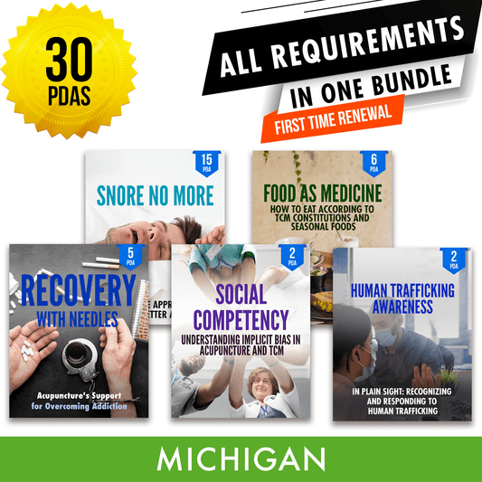 Michigan Bundle 3: Full Recertification - All Required Acupuncture Continuing Education Credits in One Package, 30 PDA/CEU Hours ACEU Masters continuing education florida california nccaom australia uk canada
