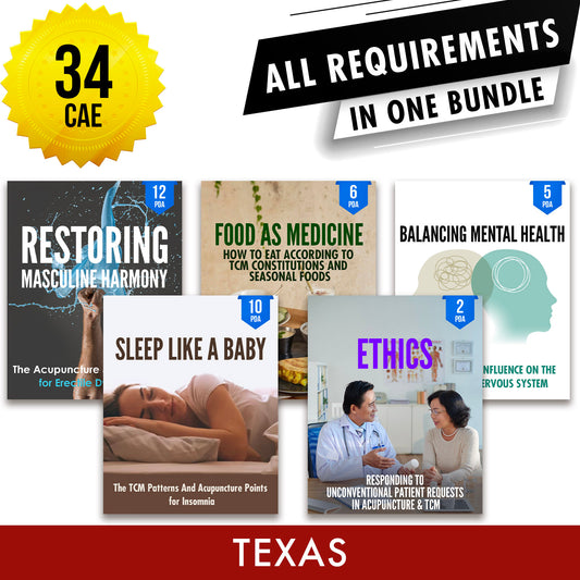 Texas Bundle 3: Full Recertification - All Required Acupuncture Continuing Education Credits in One Package, 34 CAE ACEU Masters continuing education florida california nccaom australia uk canada