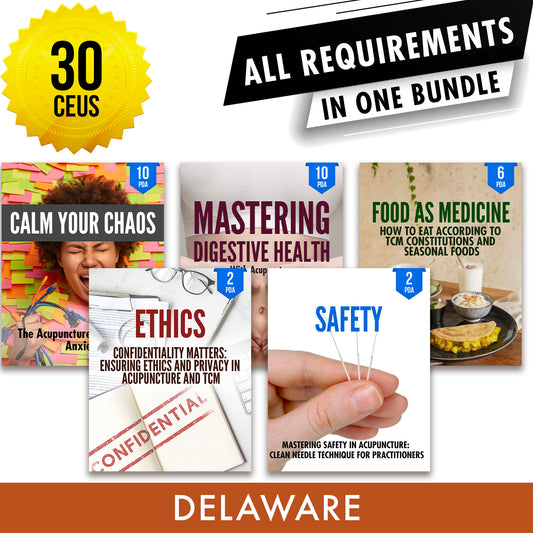 Delaware Bundle 3: Full Recertification - All Required Acupuncture Continuing Education Credits in One Package, 30 PDA/CEU Hours ACEU Masters continuing education florida california nccaom australia uk canada
