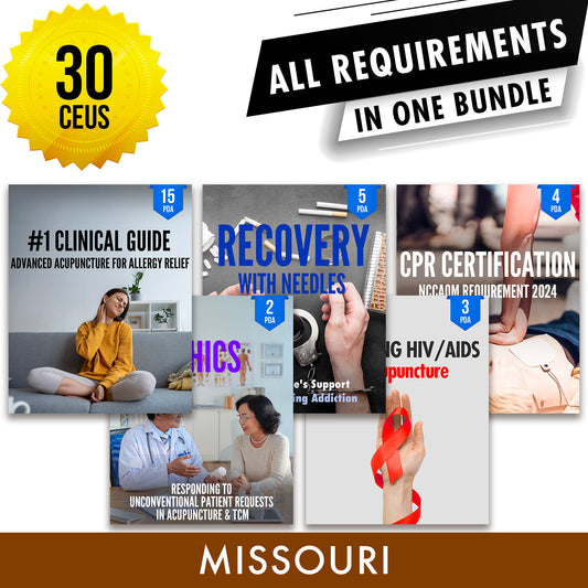Missouri Bundle 3: Full Recertification - All Required Acupuncture Continuing Education Credits in One Package, 30 PDA/CEU Hours ACEU Masters continuing education florida california nccaom australia uk canada