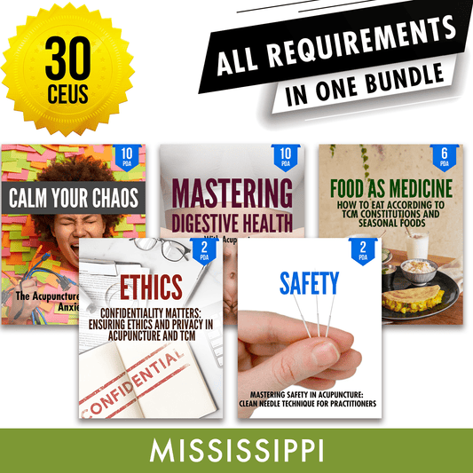 Mississippi Bundle 3: Full Recertification - All Required Acupuncture Continuing Education Credits in One Package, 30 PDA/CEU Hours ACEU Masters continuing education florida california nccaom australia uk canada