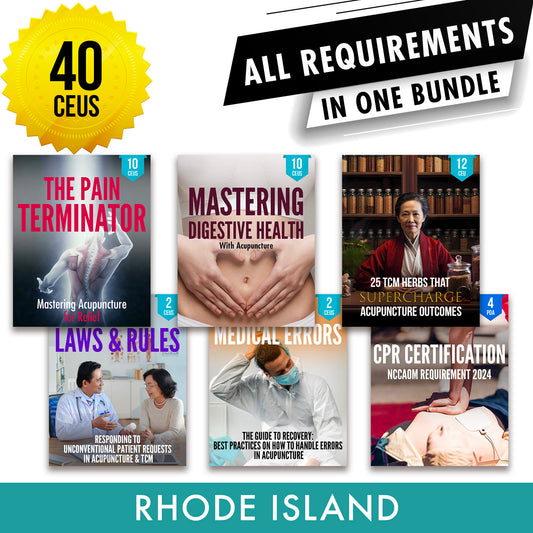 Rhode Island Bundle 3: Full Recertification - All Required Acupuncture Continuing Education Credits in One Package, 40 PDA/CEU Hours ACEU Masters continuing education florida california nccaom australia uk canada