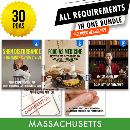 Massachusetts Bundle 3: Full Recertification - All Required Acupuncture Continuing Education Credits in One Package, 30 PDA/CEU Hours ACEU Masters continuing education florida california nccaom australia uk canada