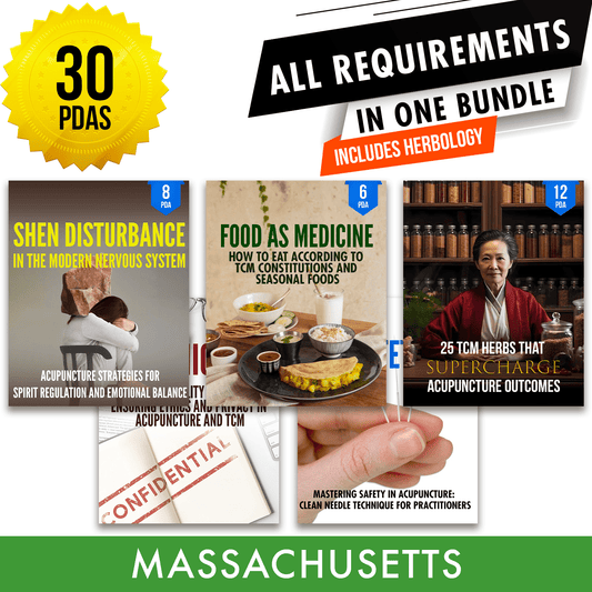 Massachusetts Bundle 3: Full Recertification - All Required Acupuncture Continuing Education Credits in One Package, 30 PDA/CEU Hours ACEU Masters continuing education florida california nccaom australia uk canada