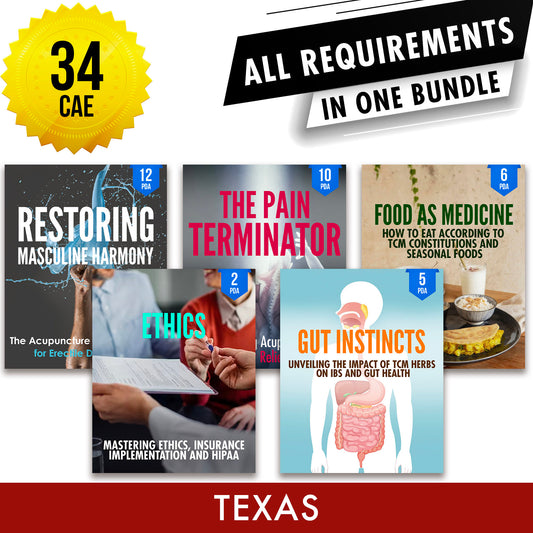 Texas Bundle 4: Full Recertification - All Required Acupuncture Continuing Education Credits in One Package, 34 CAE ACEU Masters continuing education florida california nccaom australia uk canada