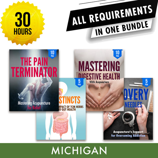 Michigan Bundle 4: Full Recertification - All Required Acupuncture Continuing Education Credits in One Package, 30 PDA/CEU Hours ACEU Masters continuing education florida california nccaom australia uk canada