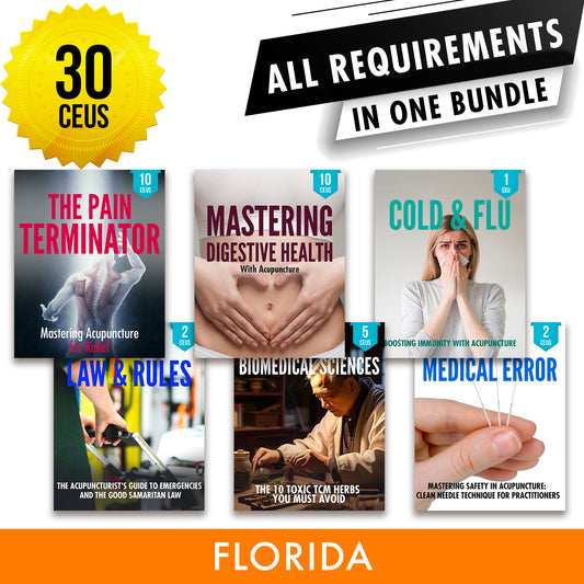 Florida Bundle 5: Full Recertification - All Required Continuing Education Credits in One Package, 30 CEUs ACEU Masters Online Acupuncture CEU CME CE NCCAOM PDA