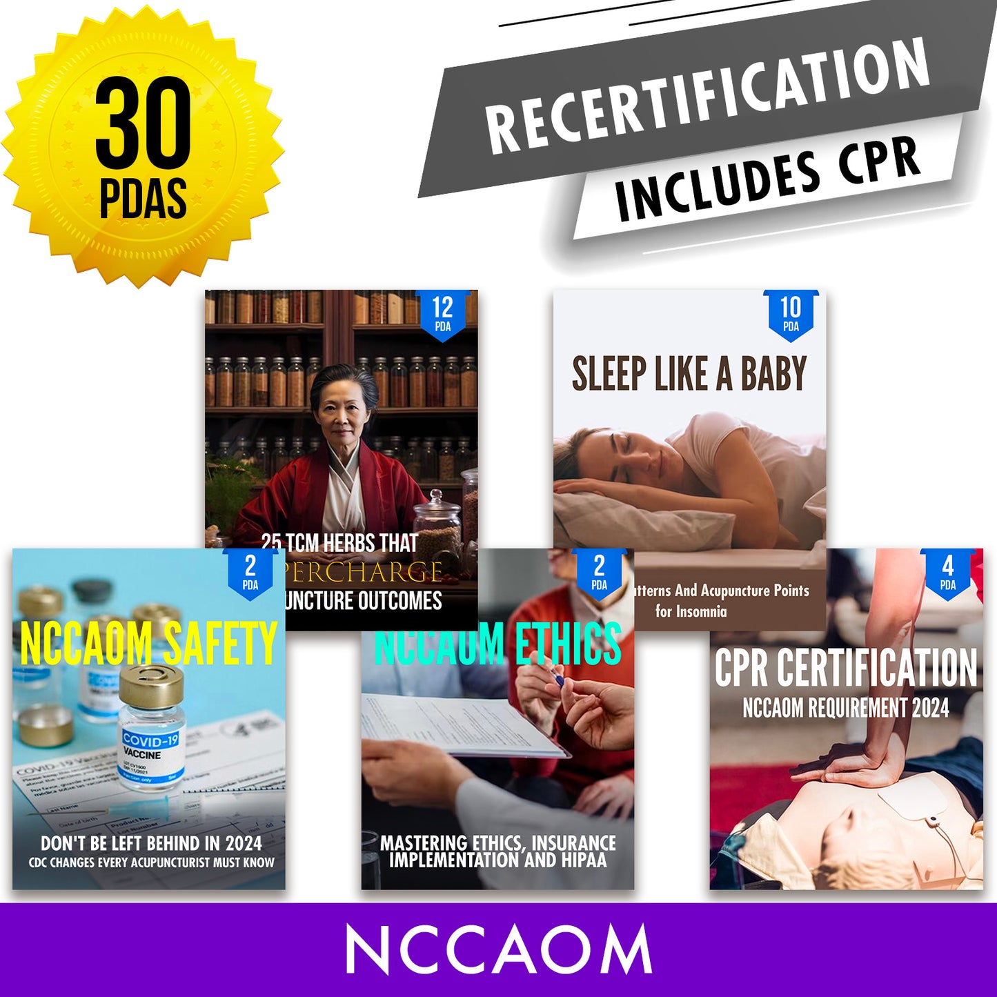 NCCAOM Bundle 5: Recertification Package - State Required Acupuncture Continuing Education Credits in One Package, 30 PDA/CEU ACEU Masters continuing education florida california nccaom australia uk canada