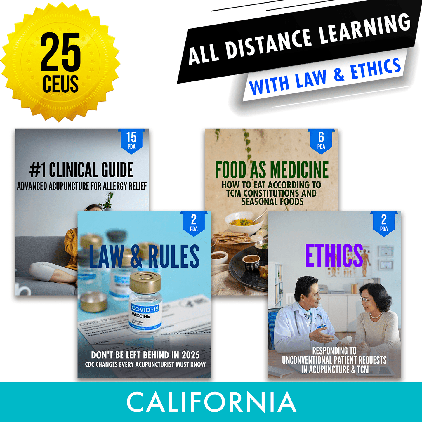 California Online CE Bundle 1: Independent Study Package, Acupuncture Continuing Education, 25 CEUs, Category 1 ACEU Masters continuing education florida california nccaom australia uk canada