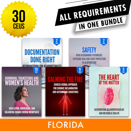 Florida Bundle 1: *NEW FOR 2028* Full Recertification - All Required Acupuncture Continuing Education Credits in One Package, 30 CEUs ACEU Masters continuing education florida california nccaom australia uk canada
