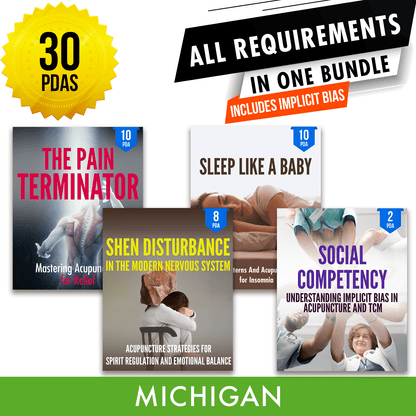 Michigan Bundle 1: Full Recertification - All Required Acupuncture Continuing Education Credits in One Package, 30 PDA/CEU Hours ACEU Masters continuing education florida california nccaom australia uk canada
