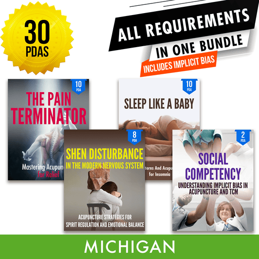 Michigan Bundle 1: Full Recertification - All Required Acupuncture Continuing Education Credits in One Package, 30 PDA/CEU Hours ACEU Masters continuing education florida california nccaom australia uk canada