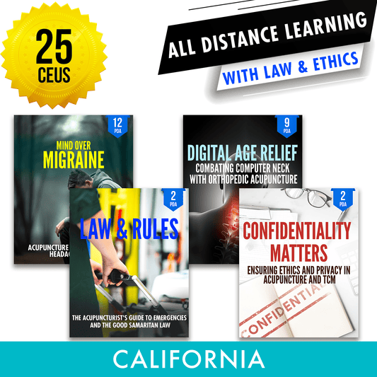 California Online CE Bundle 2: Independent Study Package, Acupuncture Continuing Education, 25 CEUs, Category 1 ACEU Masters continuing education florida california nccaom australia uk canada