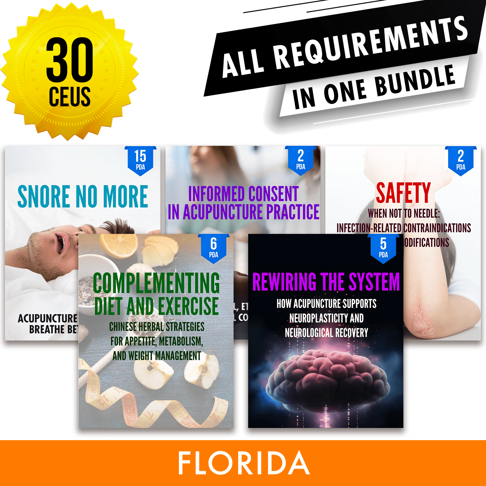 Florida Bundle 2: *NEW FOR 2028* Full Recertification - All Required Acupuncture Continuing Education Credits in One Package, 30 CEUs ACEU Masters continuing education florida california nccaom australia uk canada