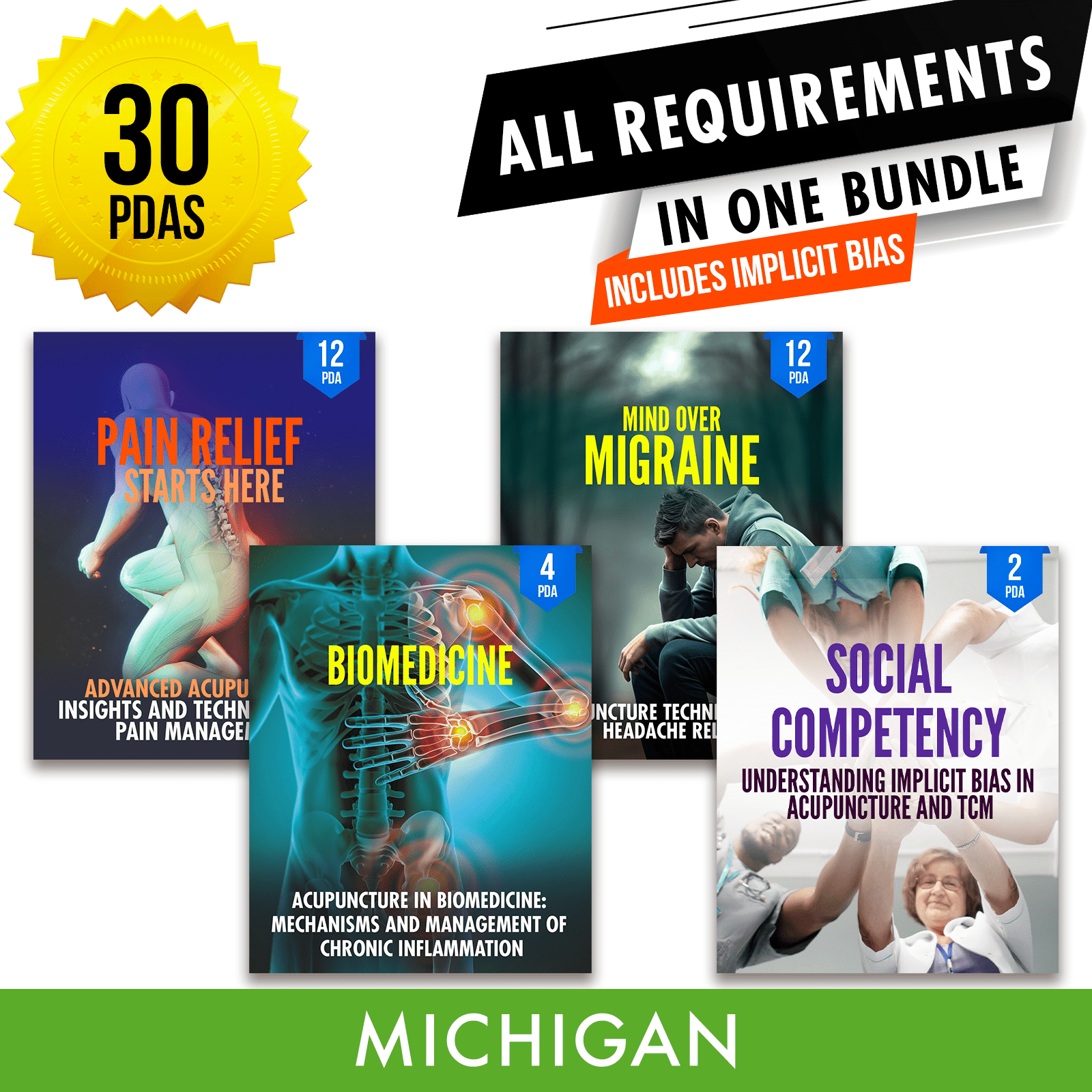 Michigan Bundle 2: Full Recertification - All Required Acupuncture Continuing Education Credits in One Package, 30 PDA/CEU Hours ACEU Masters continuing education florida california nccaom australia uk canada