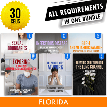 Florida Bundle 3: *NEW FOR 2028* Full Recertification - All Required Acupuncture Continuing Education Credits in One Package, 30 CEUs ACEU Masters continuing education florida california nccaom australia uk canada